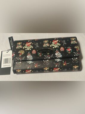 Ed Hardy Black Tattoo-Print Wallet with Multicolor Accents